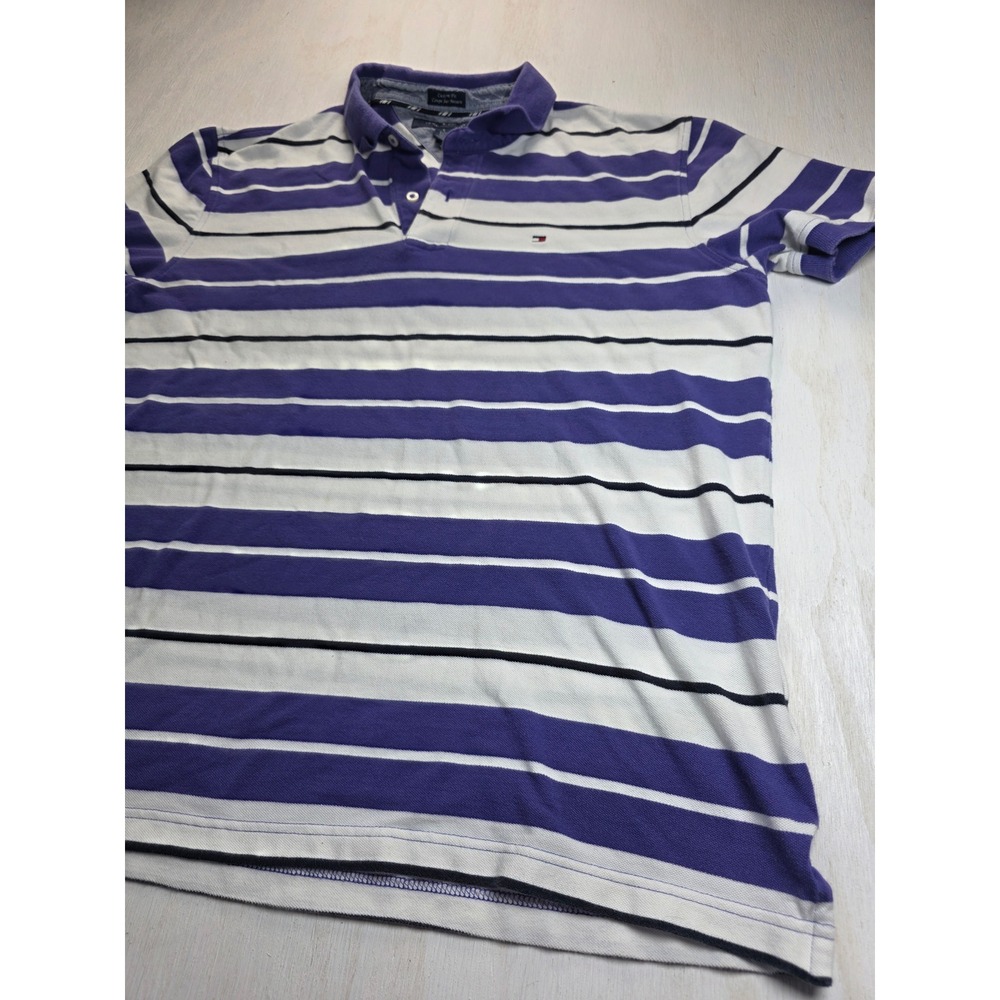 Tommy Hilfiger Mens XL Custom Fit Striped Polo Shirt Purple White Blue Cotton